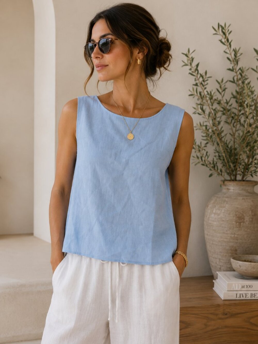 Parisian Works Light Blue 100% Linen Boxy Tank Top Large Coastal NWT